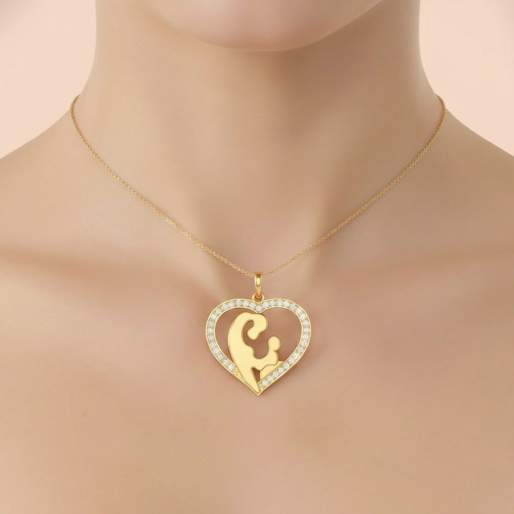 Mother and Child Heart Embrace Design Diamond Gold Pendant