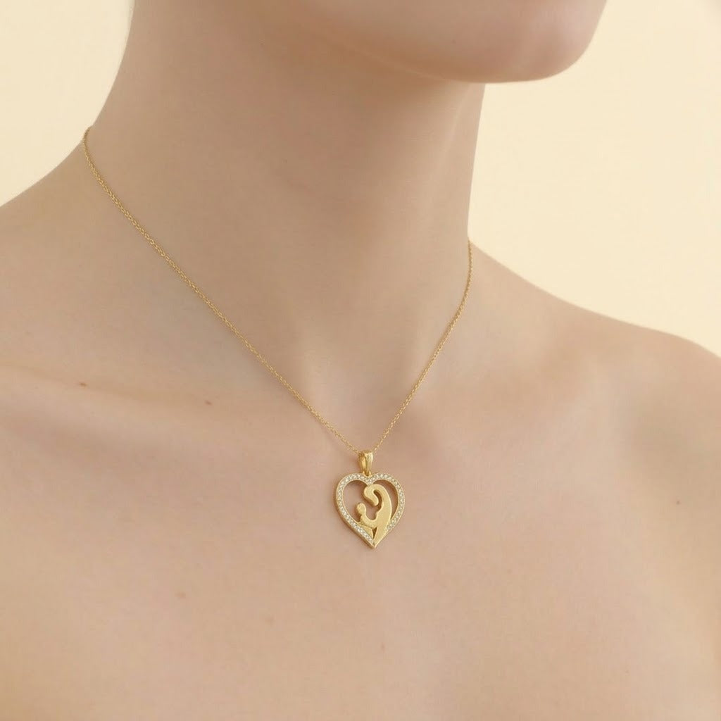 Mother and Child Heart Embrace Design Diamond Gold Pendant