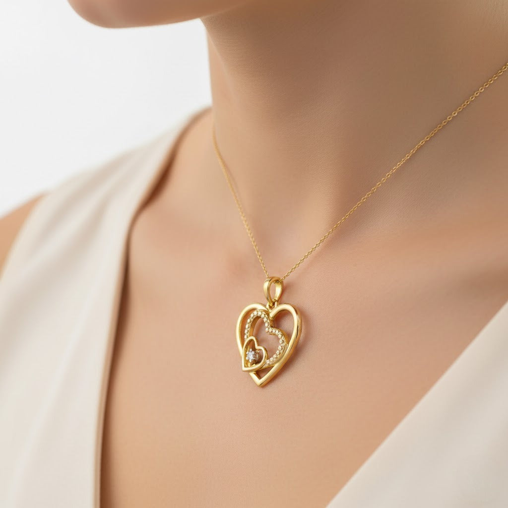 Layered Triple Heart Diamond Gold Pendant