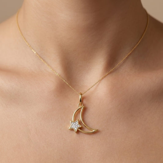 Crescent Moon and Star Design Diamond Gold Pendant