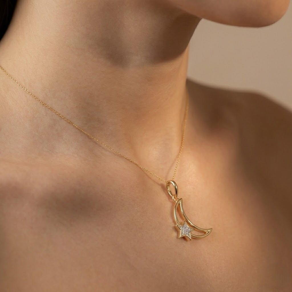 Crescent Moon and Star Design Diamond Gold Pendant