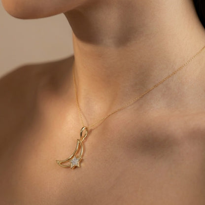 Crescent Moon and Star Design Diamond Gold Pendant