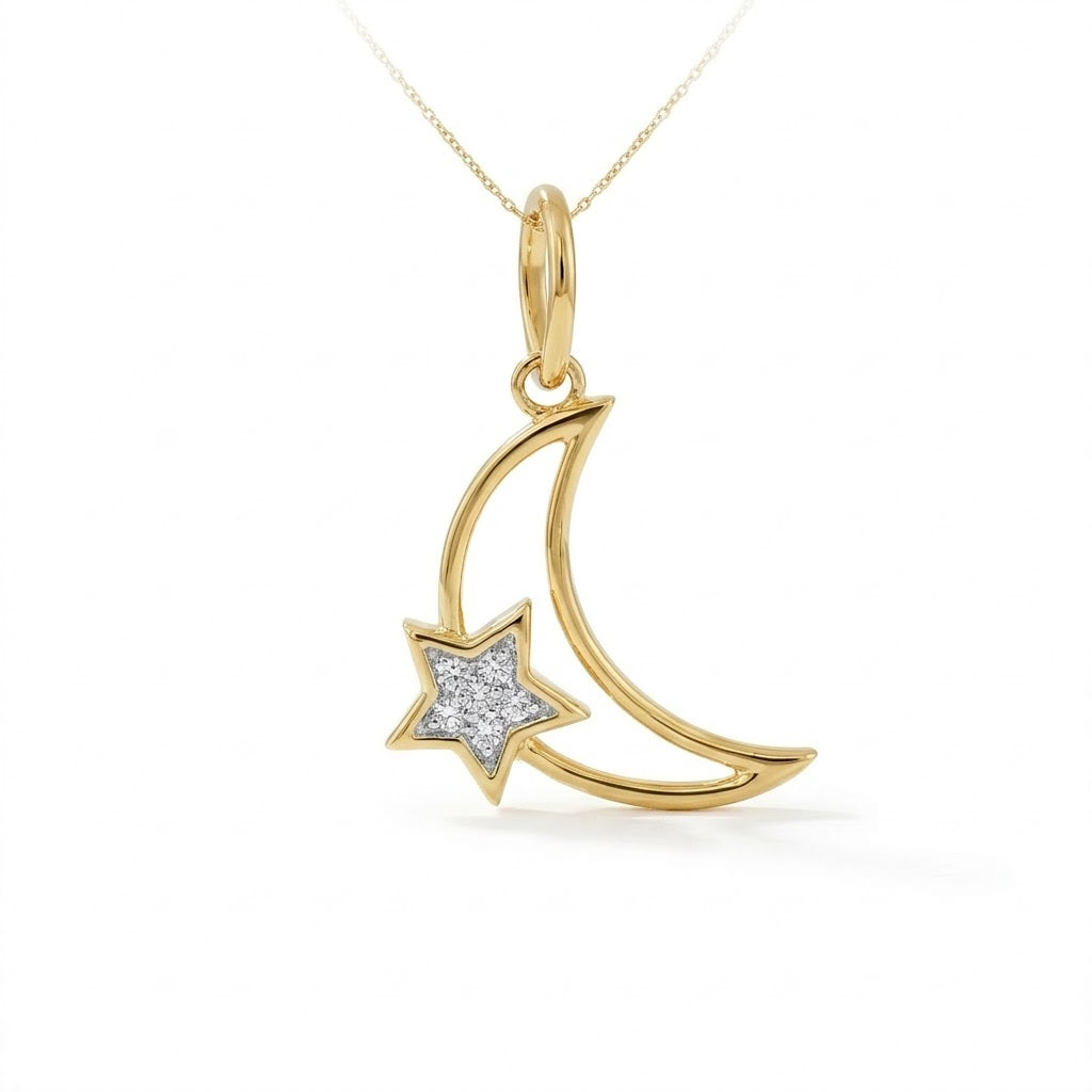 Crescent Moon and Star Design Diamond Gold Pendant
