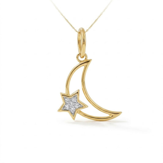 Crescent Moon and Star Design Diamond Gold Pendant