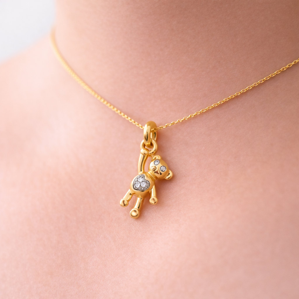 Cute Teddy Charm Sparkle Diamond Gold Pendant