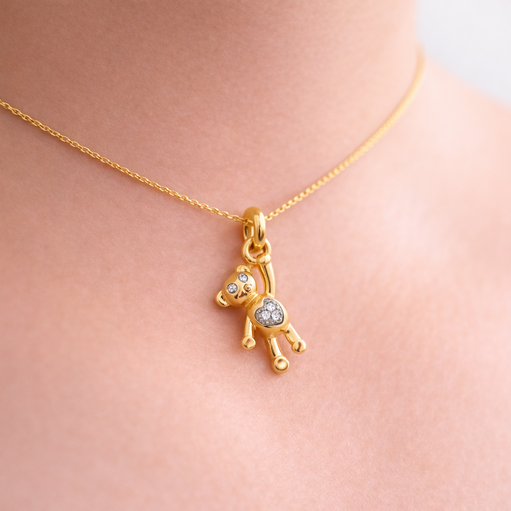 Cute Teddy Charm Sparkle Diamond Gold Pendant
