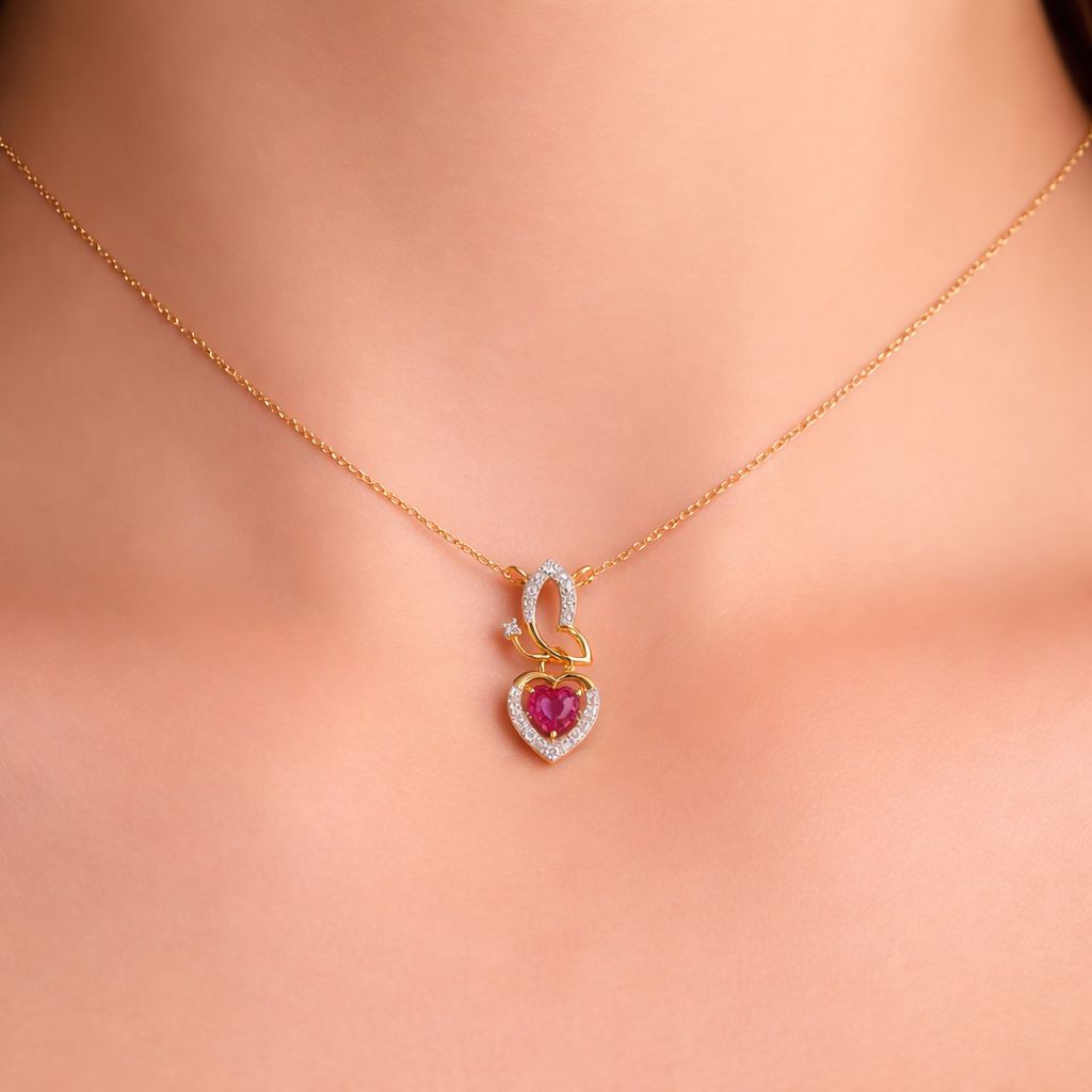 Romantic Interlocked Heart Ruby Accent Diamond Gold Pendant