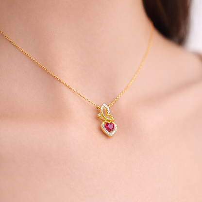 Romantic Interlocked Heart Ruby Accent Diamond Gold Pendant