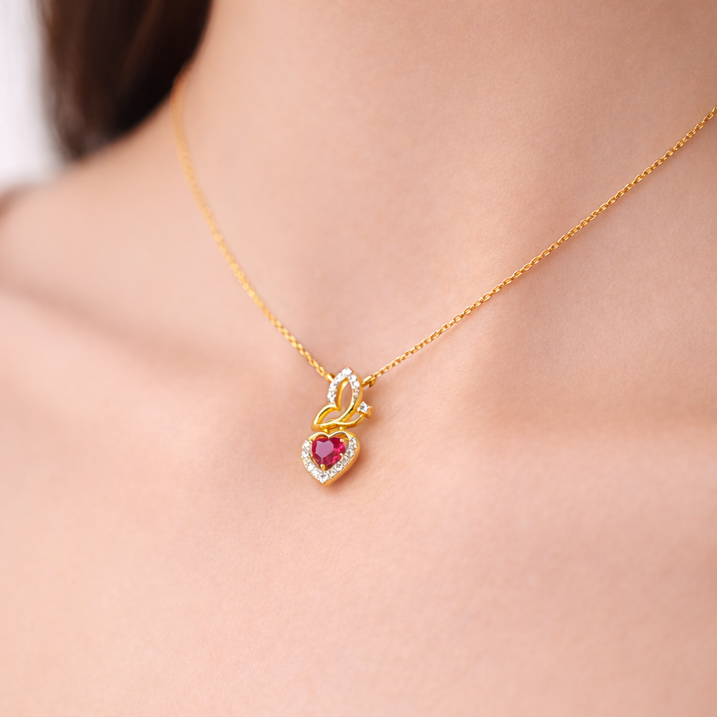 Romantic Interlocked Heart Ruby Accent Diamond Gold Pendant