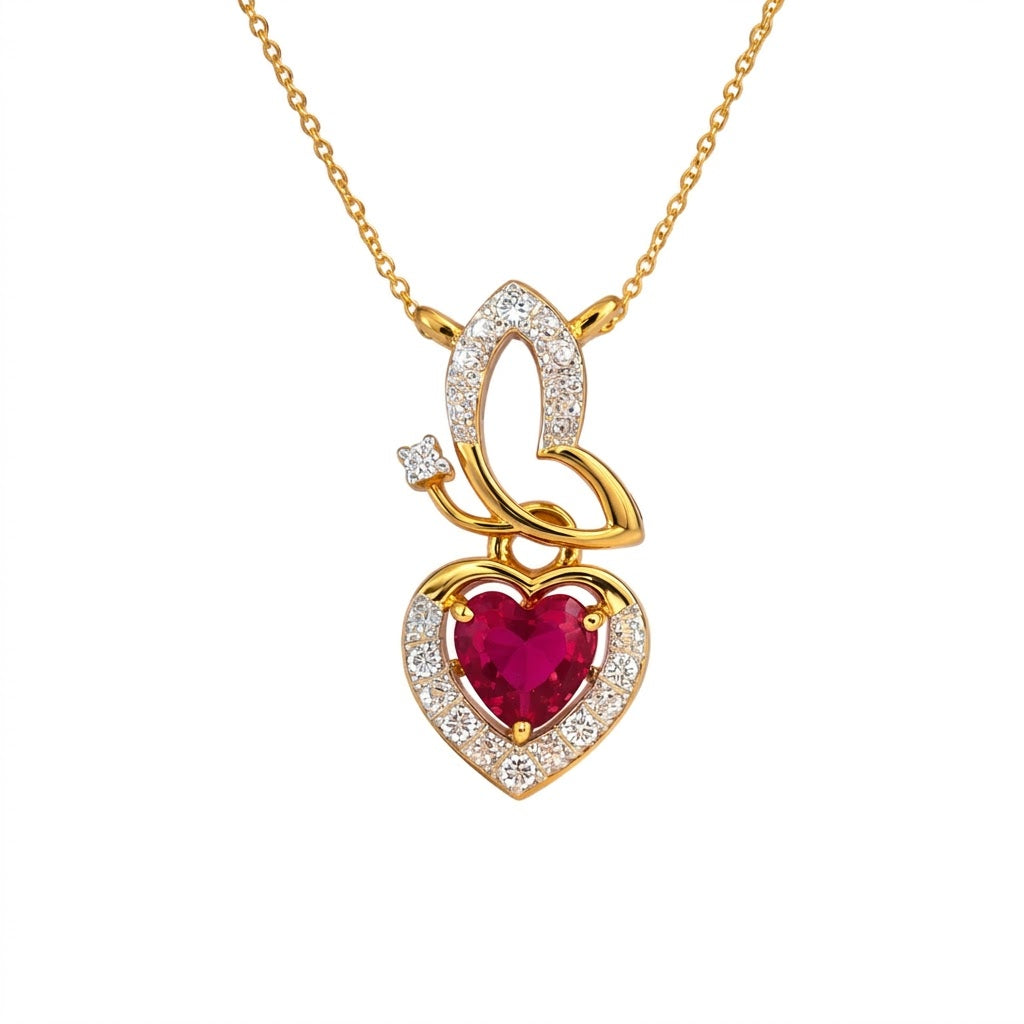 Romantic Interlocked Heart Ruby Accent Diamond Gold Pendant