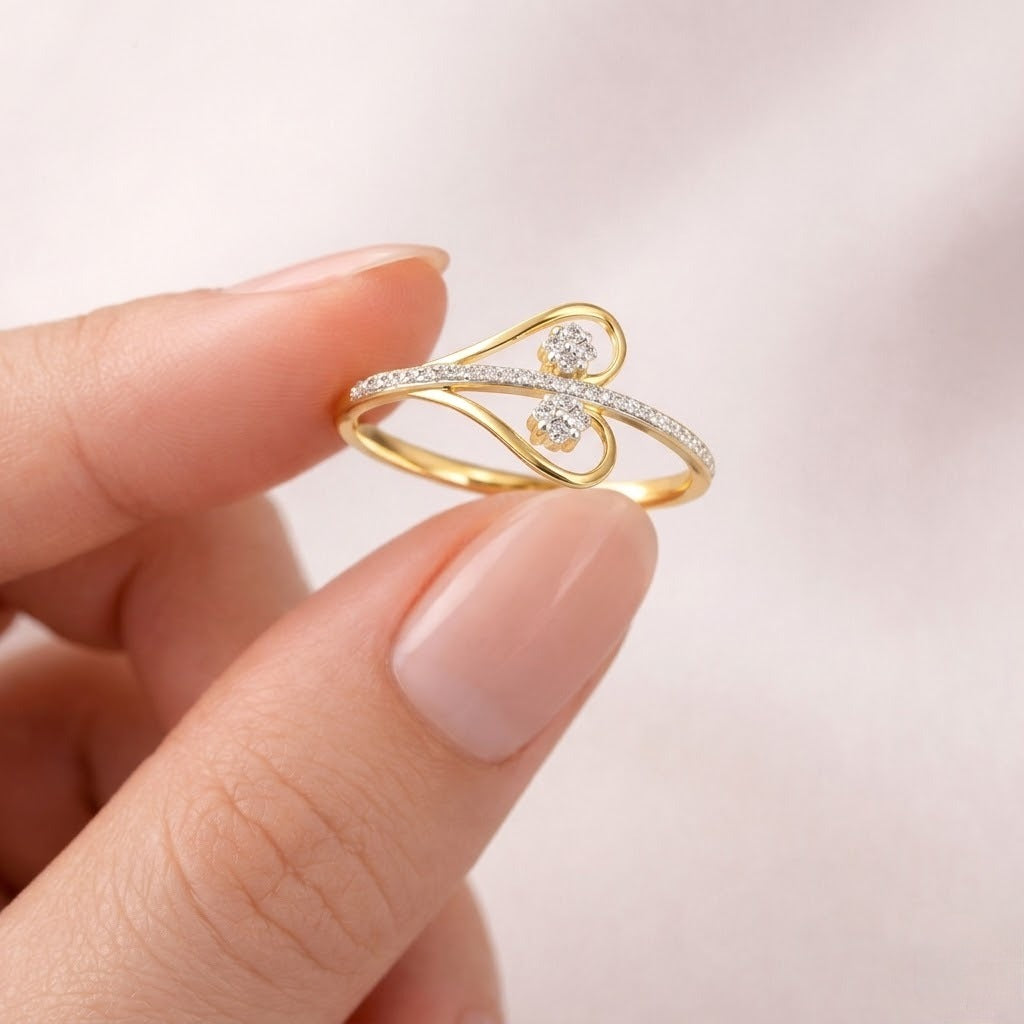 Twin floral swirl diamond gold ring