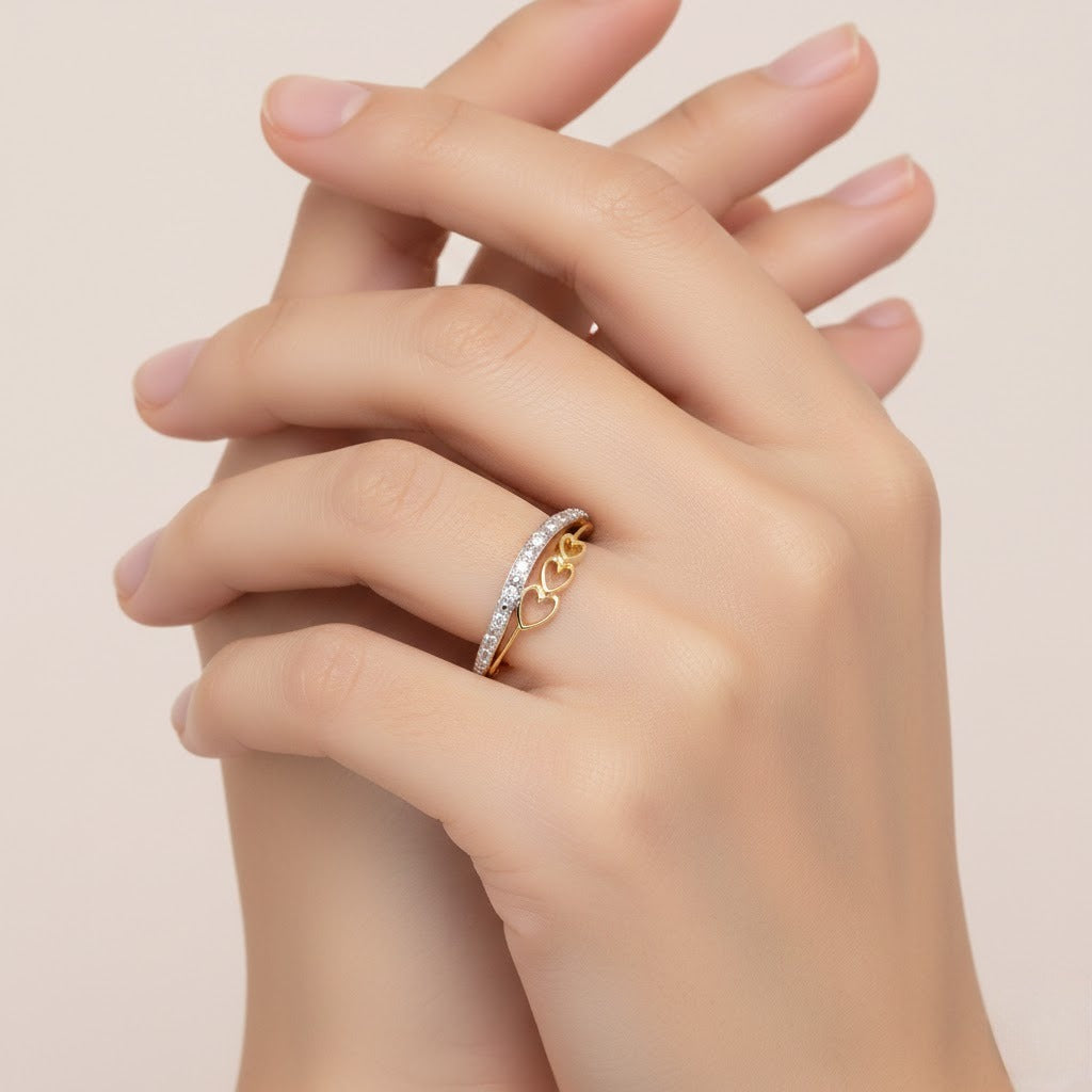 Triple heart accent diamond gold ring