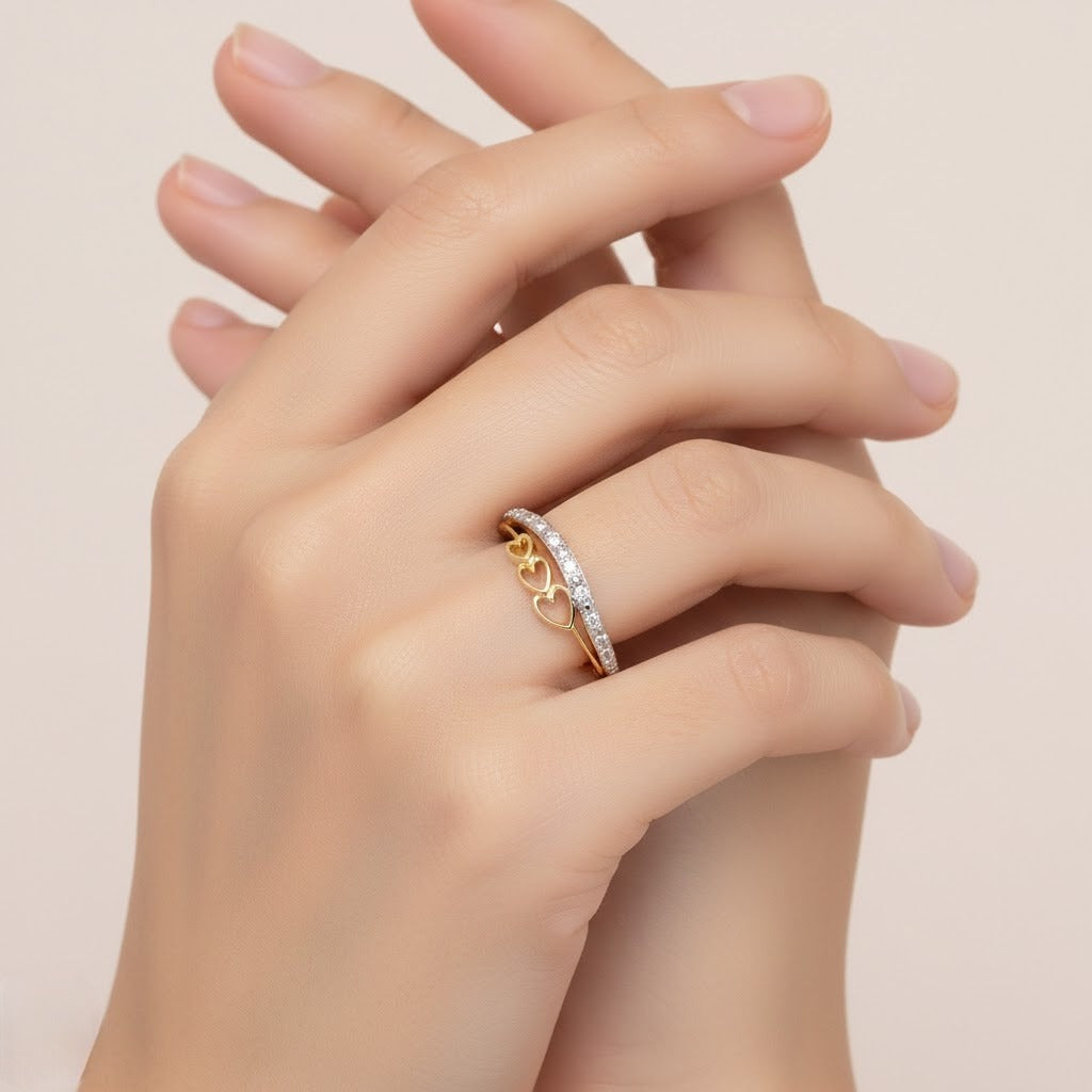 Triple heart accent diamond gold ring