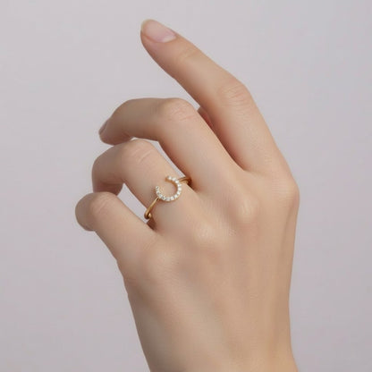 Open Crescent Curve Sparkle Diamond Gold Ring
