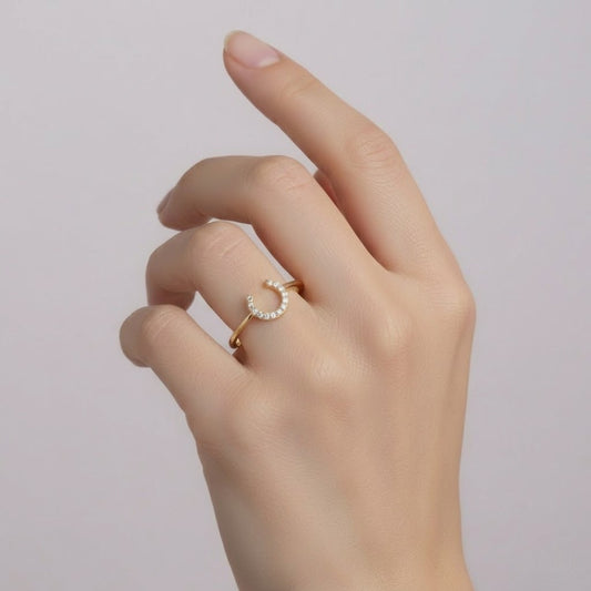 Open Crescent Curve Sparkle Diamond Gold Ring