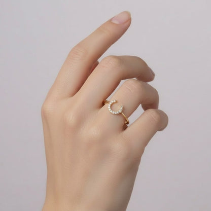 Open Crescent Curve Sparkle Diamond Gold Ring