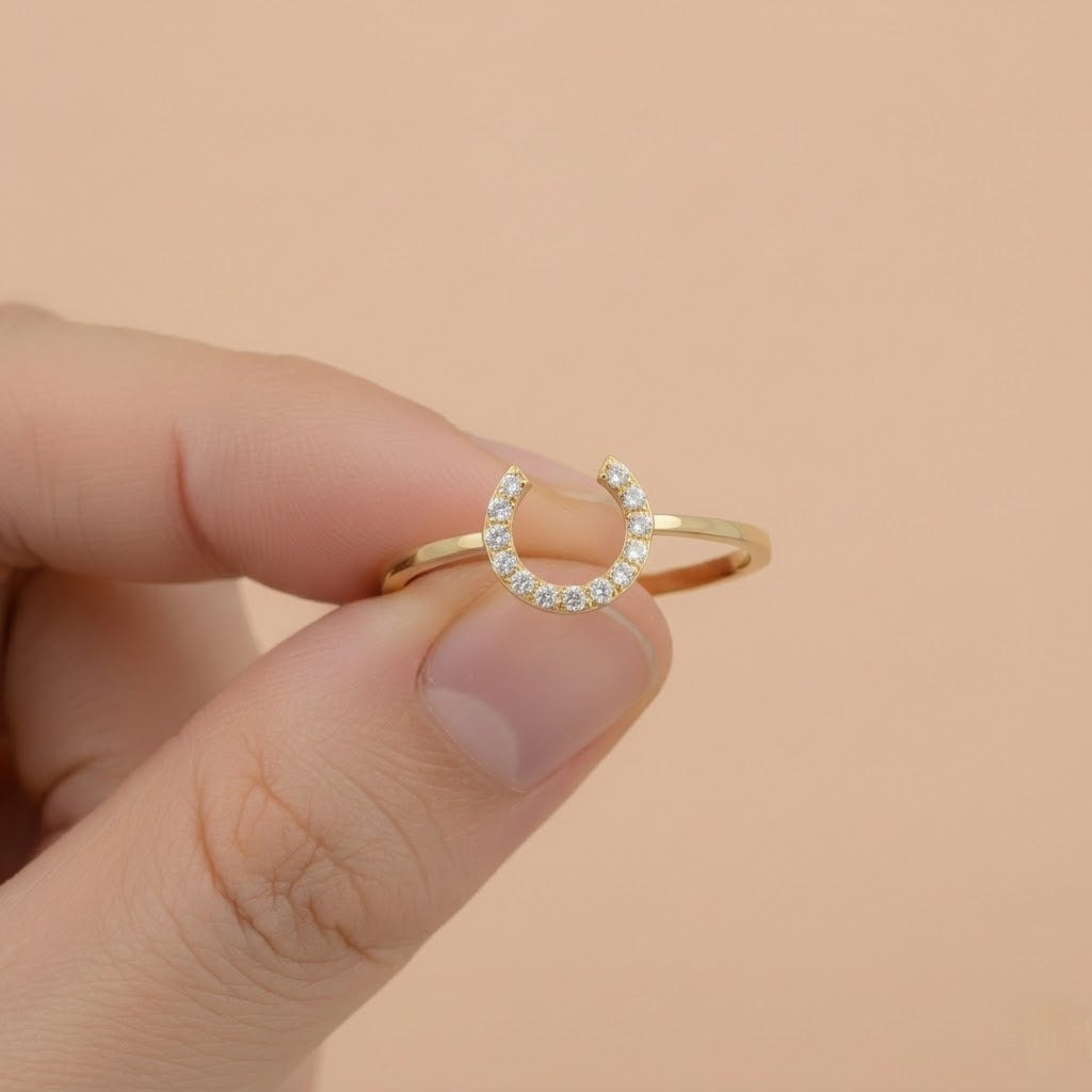 Open Crescent Curve Sparkle Diamond Gold Ring