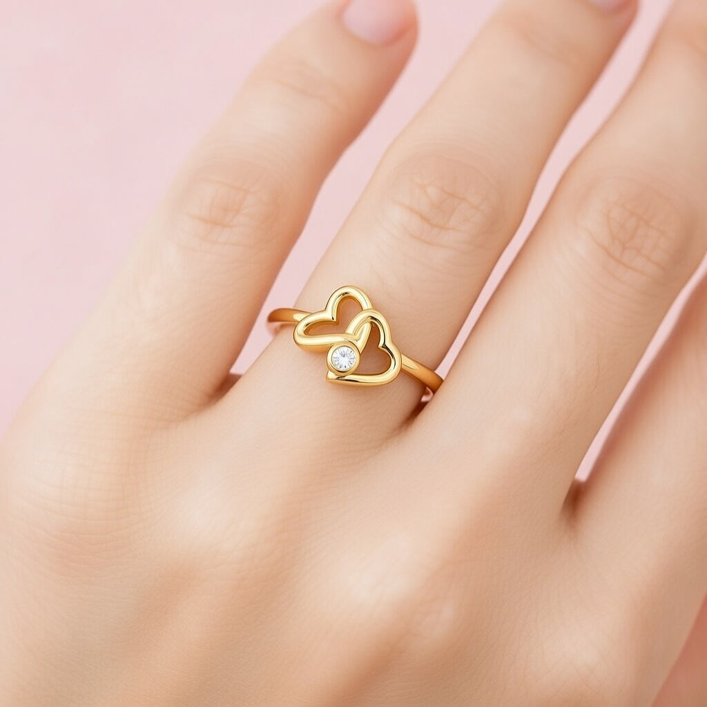 Double Heart Minimal Accent Diamond Gold Ring
