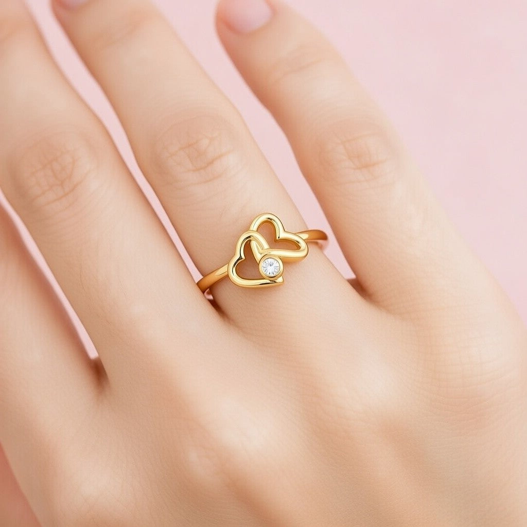 Double Heart Minimal Accent Diamond Gold Ring