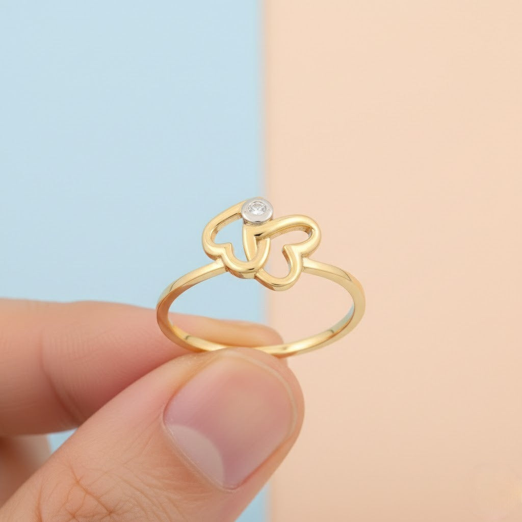 Double Heart Minimal Accent Diamond Gold Ring