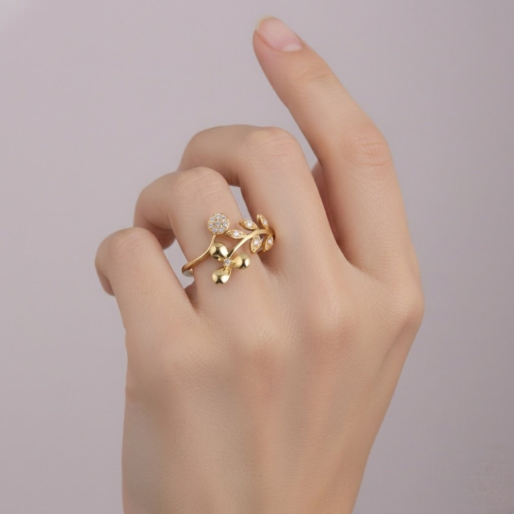 Floral Leaf Diamond Gold Ring
