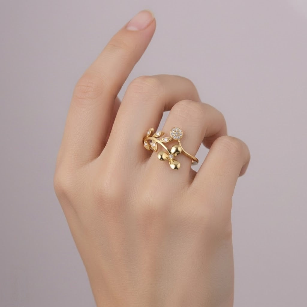 Floral Leaf Diamond Gold Ring