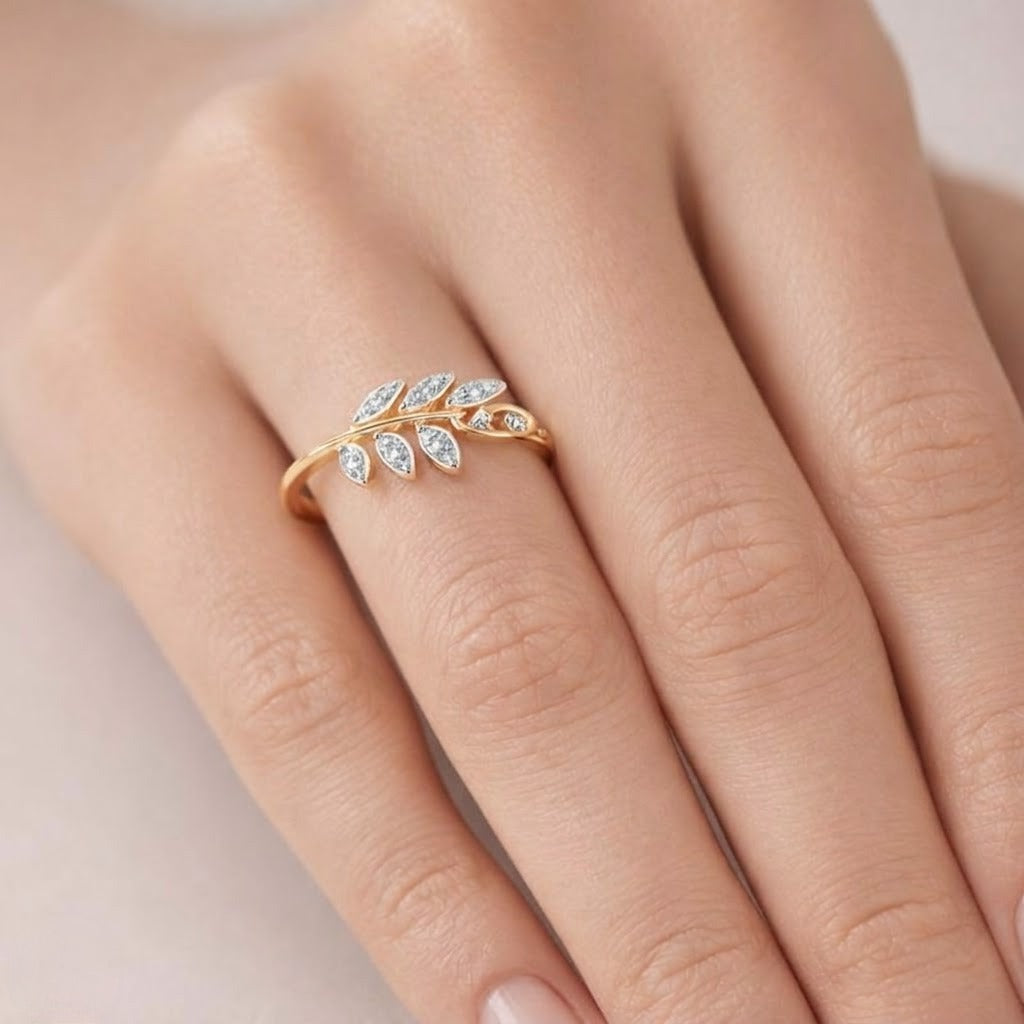 Graceful vine leaf diamond gold ring