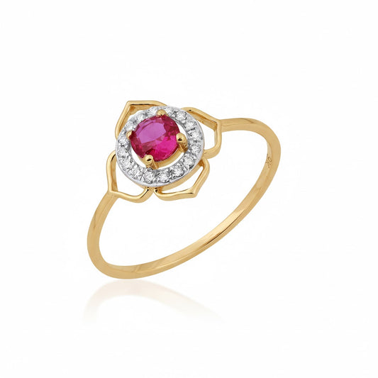Floral Halo Ruby Center Diamond Gold Ring