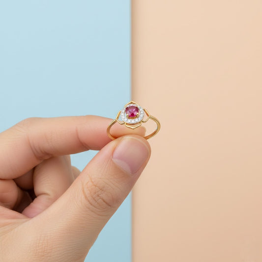 Floral Halo Ruby Center Diamond Gold Ring