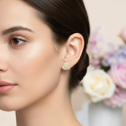 Textured Fan Motif Diamond Gold Earrings