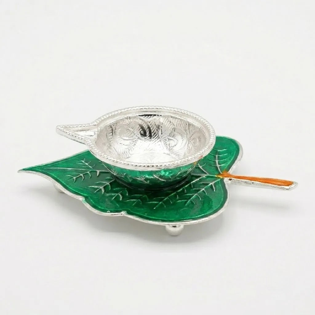 Decorative Silver Diya on Leaf-Shaped Base