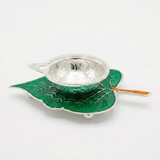 Decorative Silver Diya on Leaf-Shaped Base