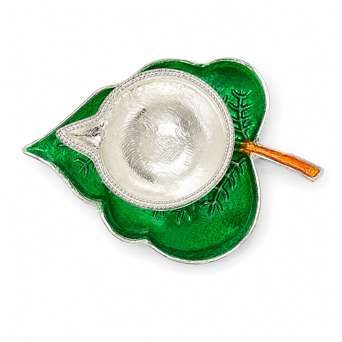 Decorative Silver Diya on Leaf-Shaped Base