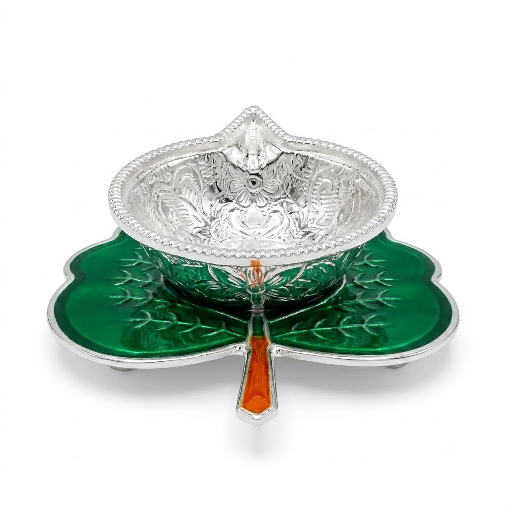 Decorative Silver Diya on Leaf-Shaped Base