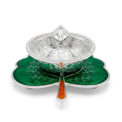 Decorative Silver Diya on Leaf-Shaped Base