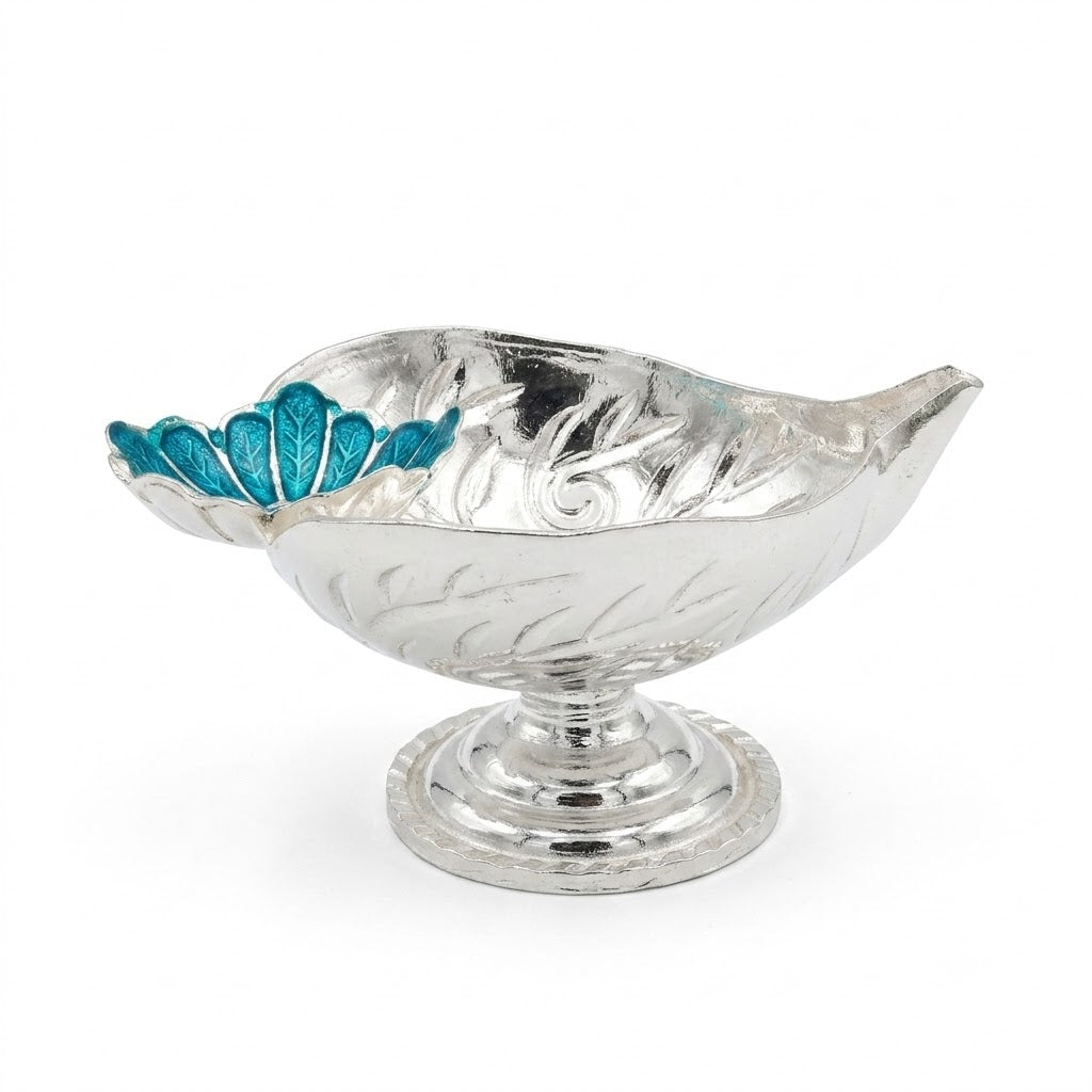 Decorative Silver Diya with Floral Accent and Pedestal Base