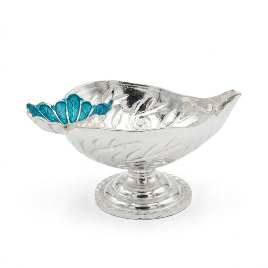 Decorative Silver Diya with Floral Accent and Pedestal Base