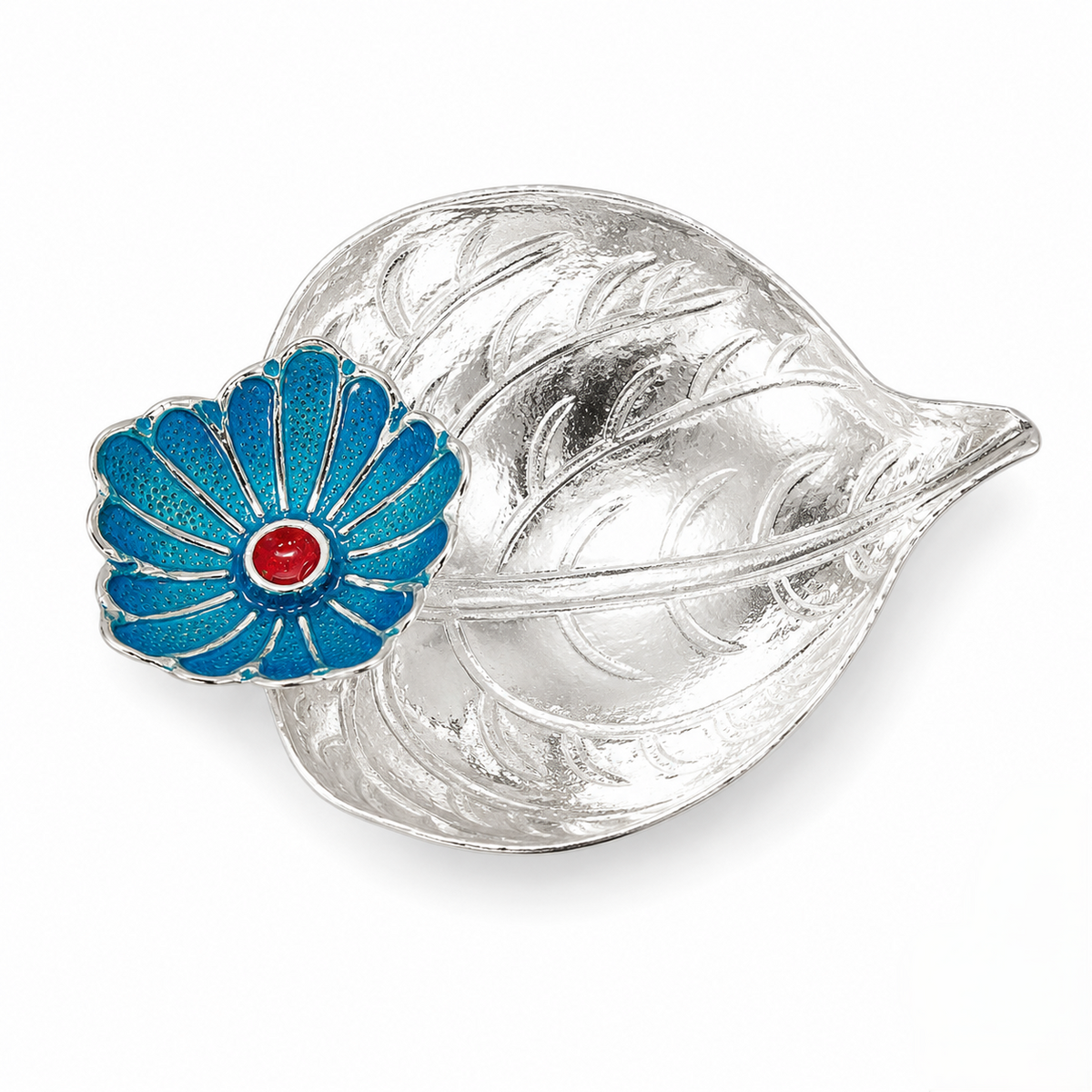 Decorative Silver Diya with Floral Accent and Pedestal Base