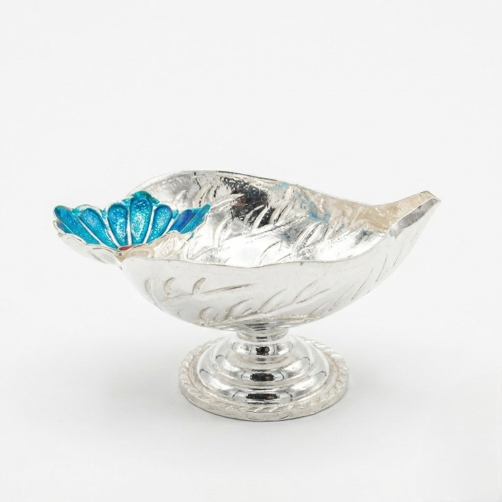 Decorative Silver Diya with Floral Accent and Pedestal Base