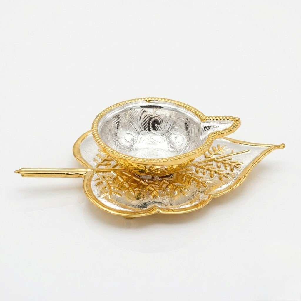 Leaf-Inspired Silver Diya with Gloden Decorative Base