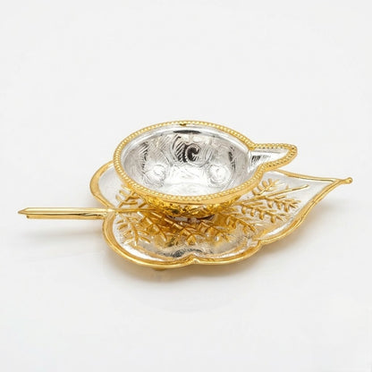Leaf-Inspired Silver Diya with Gloden Decorative Base