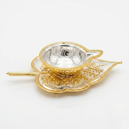 Leaf-Inspired Silver Diya with Gloden Decorative Base