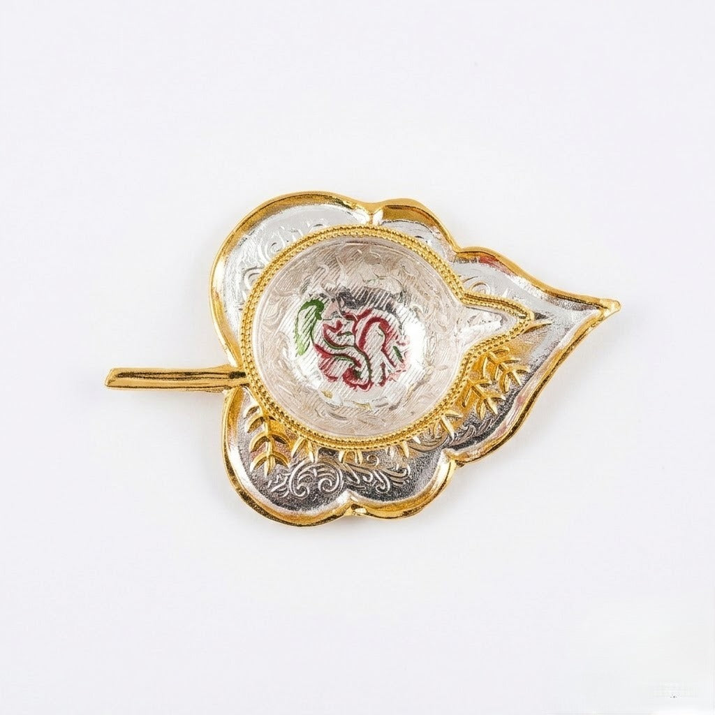 Leaf-Inspired Silver Diya with Gloden Decorative Base