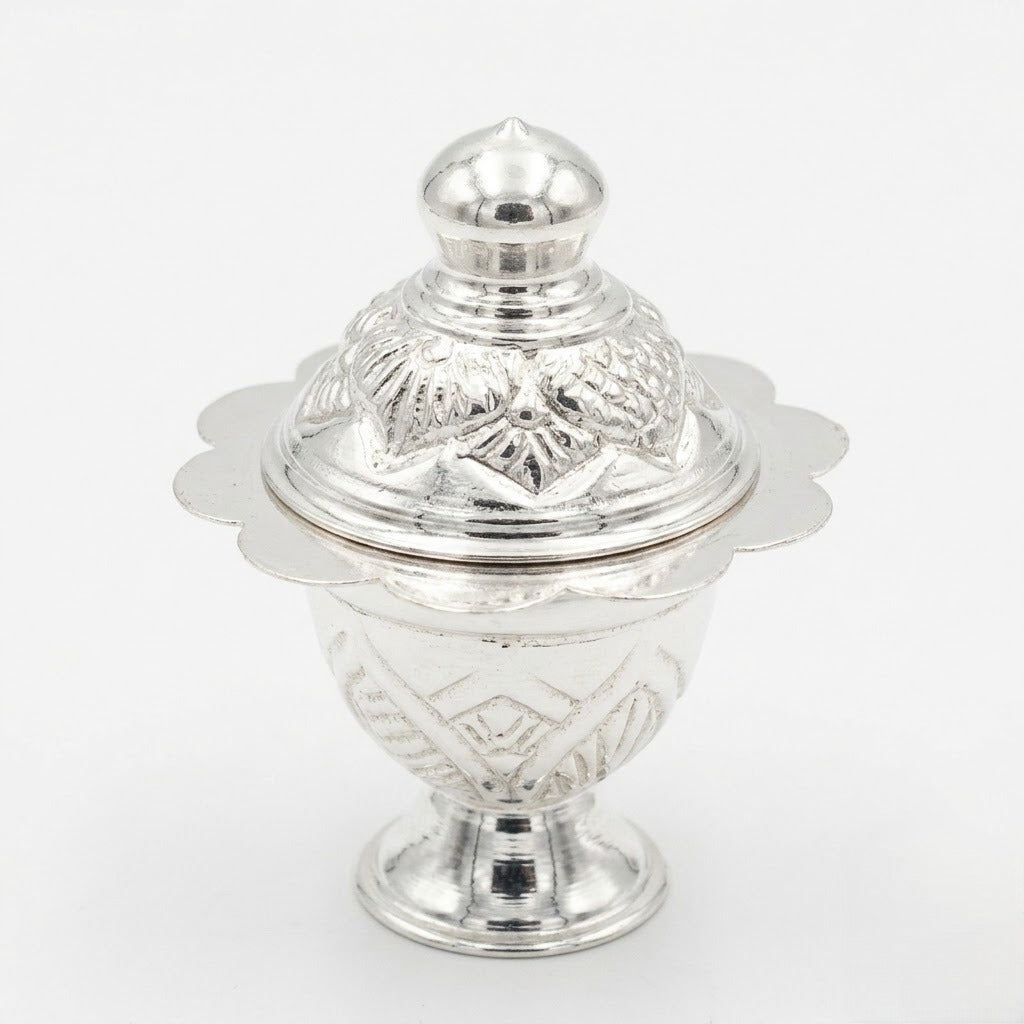 Ornate Silver Kumkum Container with Pedestal Base