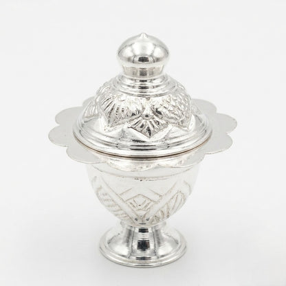 Ornate Silver Kumkum Container with Pedestal Base