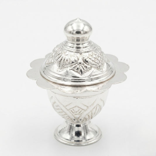 Ornate Silver Kumkum Container with Pedestal Base