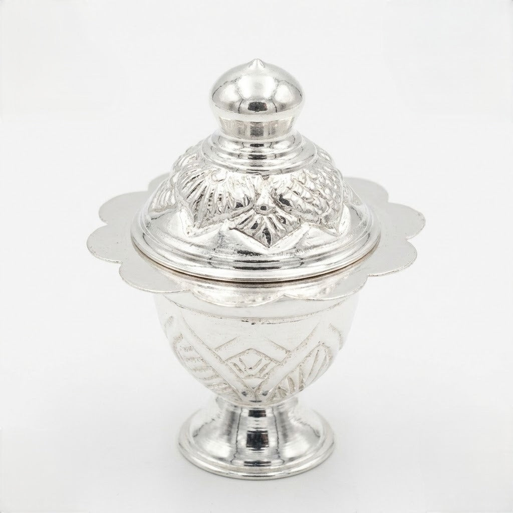 Ornate Silver Kumkum Container with Pedestal Base