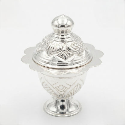 Ornate Silver Kumkum Container with Pedestal Base