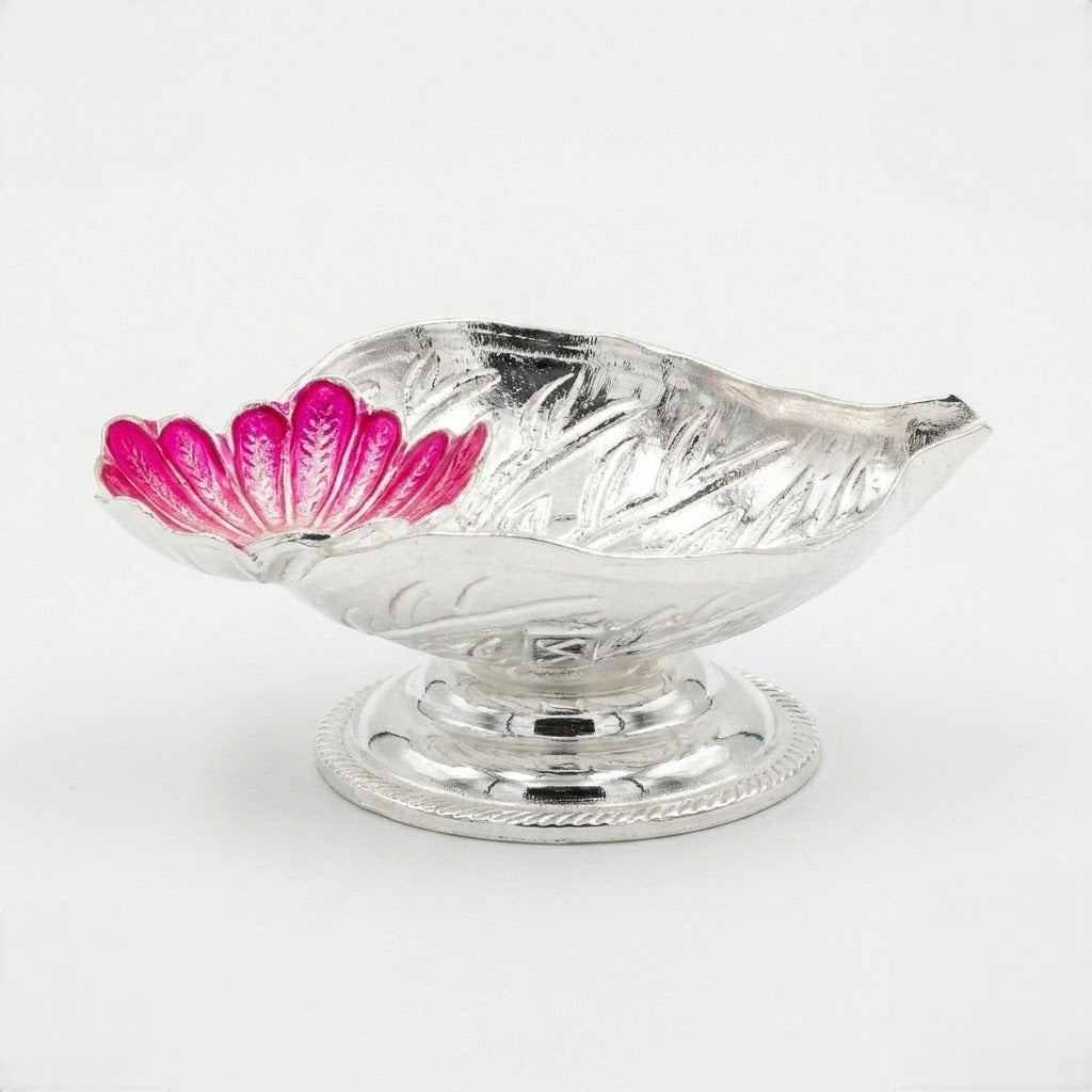 Decorative Silver Diya with Pink Floral Accent and Pedestal Base