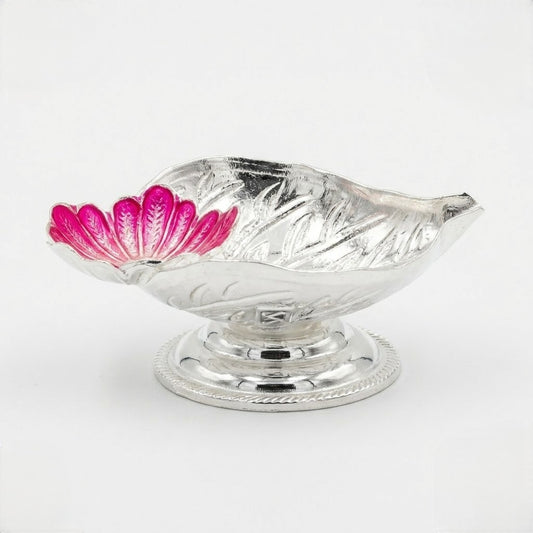 Decorative Silver Diya with Pink Floral Accent and Pedestal Base